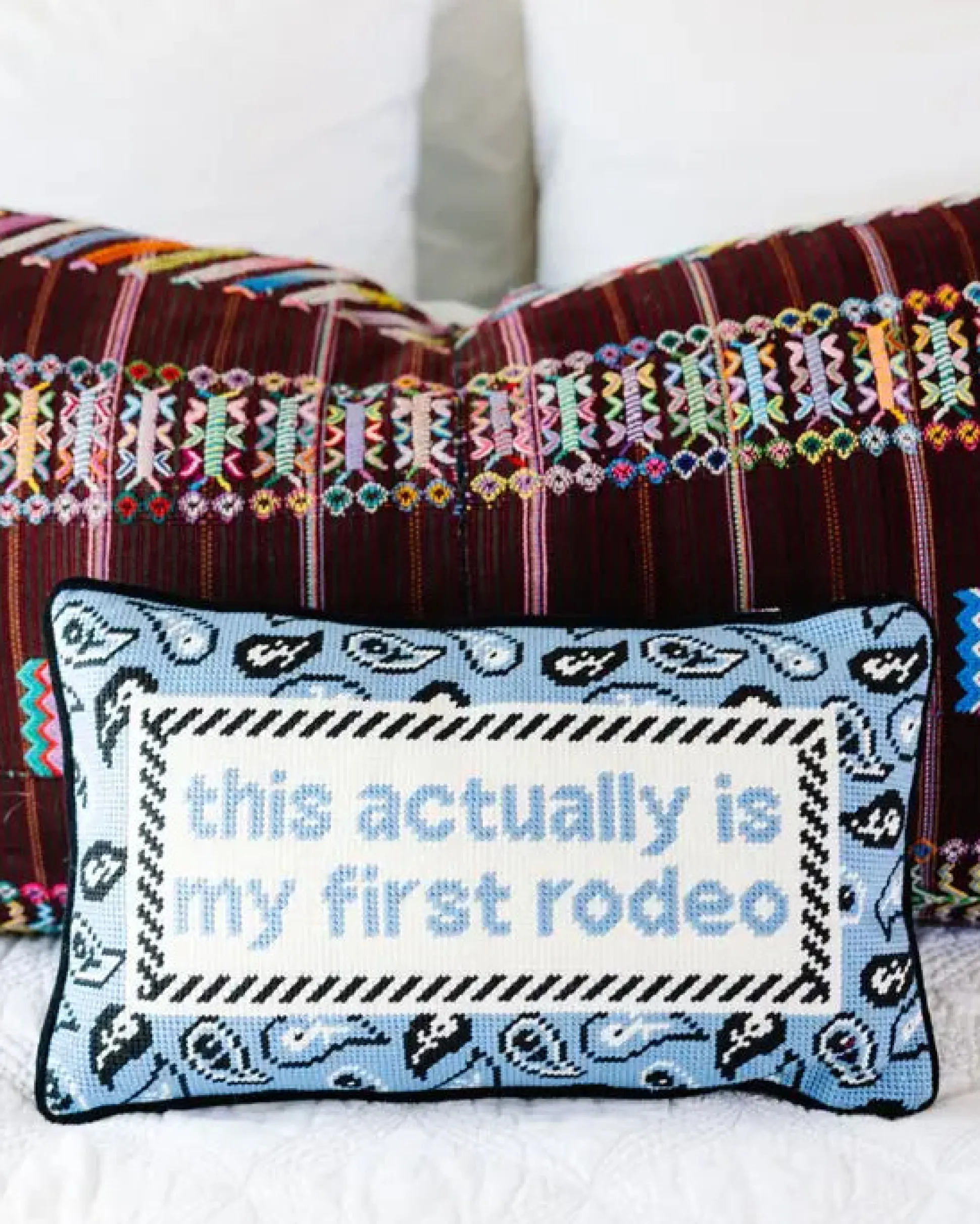 First Rodeo Needlepoint Pillow in Light Blue Combo