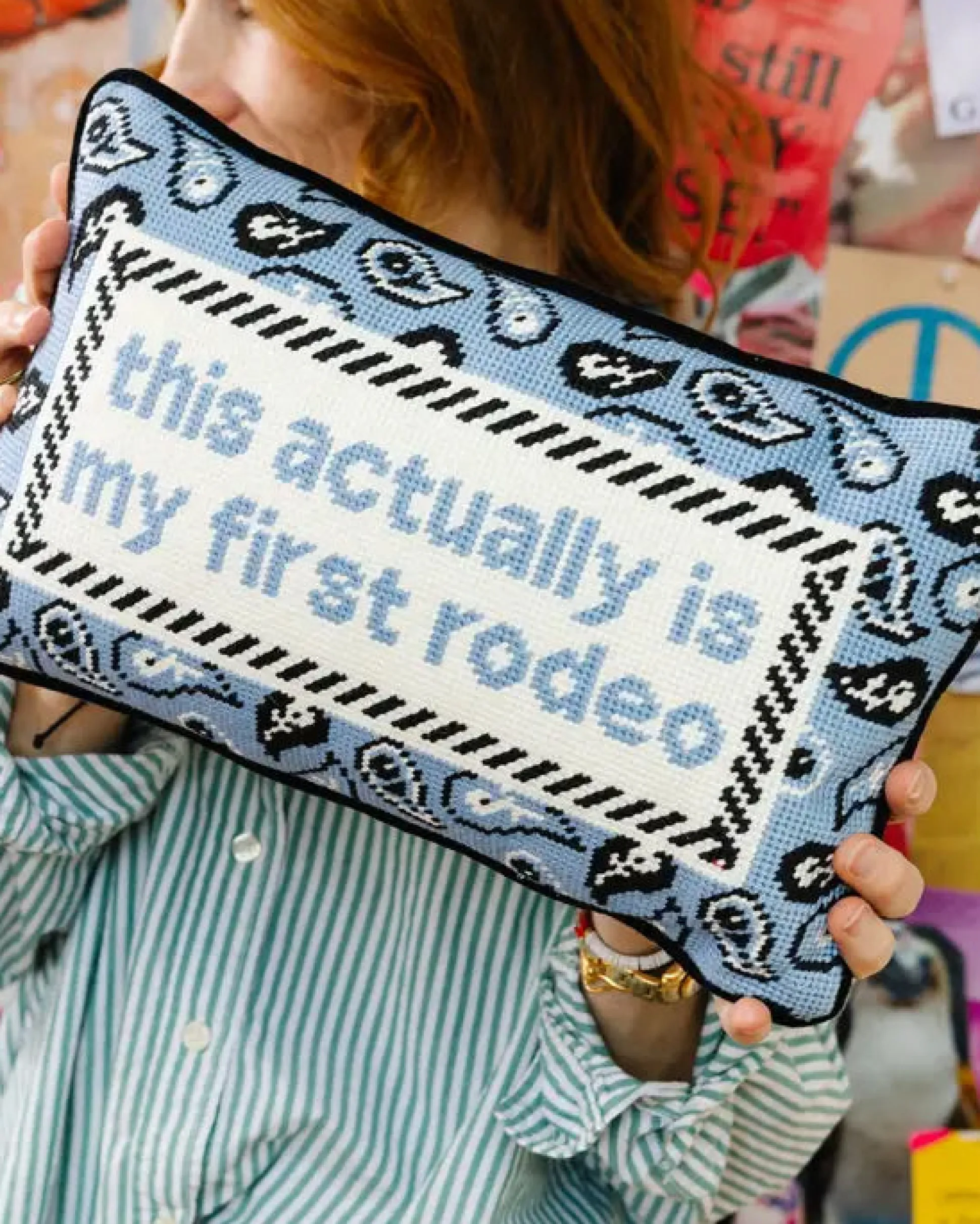 First Rodeo Needlepoint Pillow in Light Blue Combo