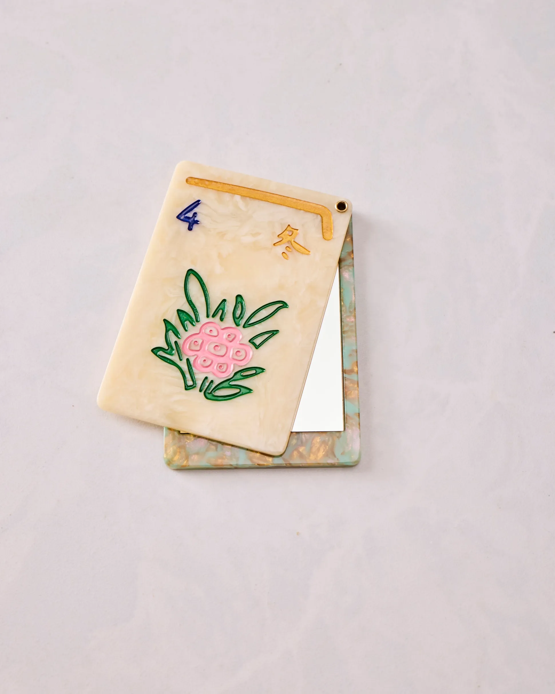 Hand Painted Flower Mahjong Compact Mirror in Ivory Combo