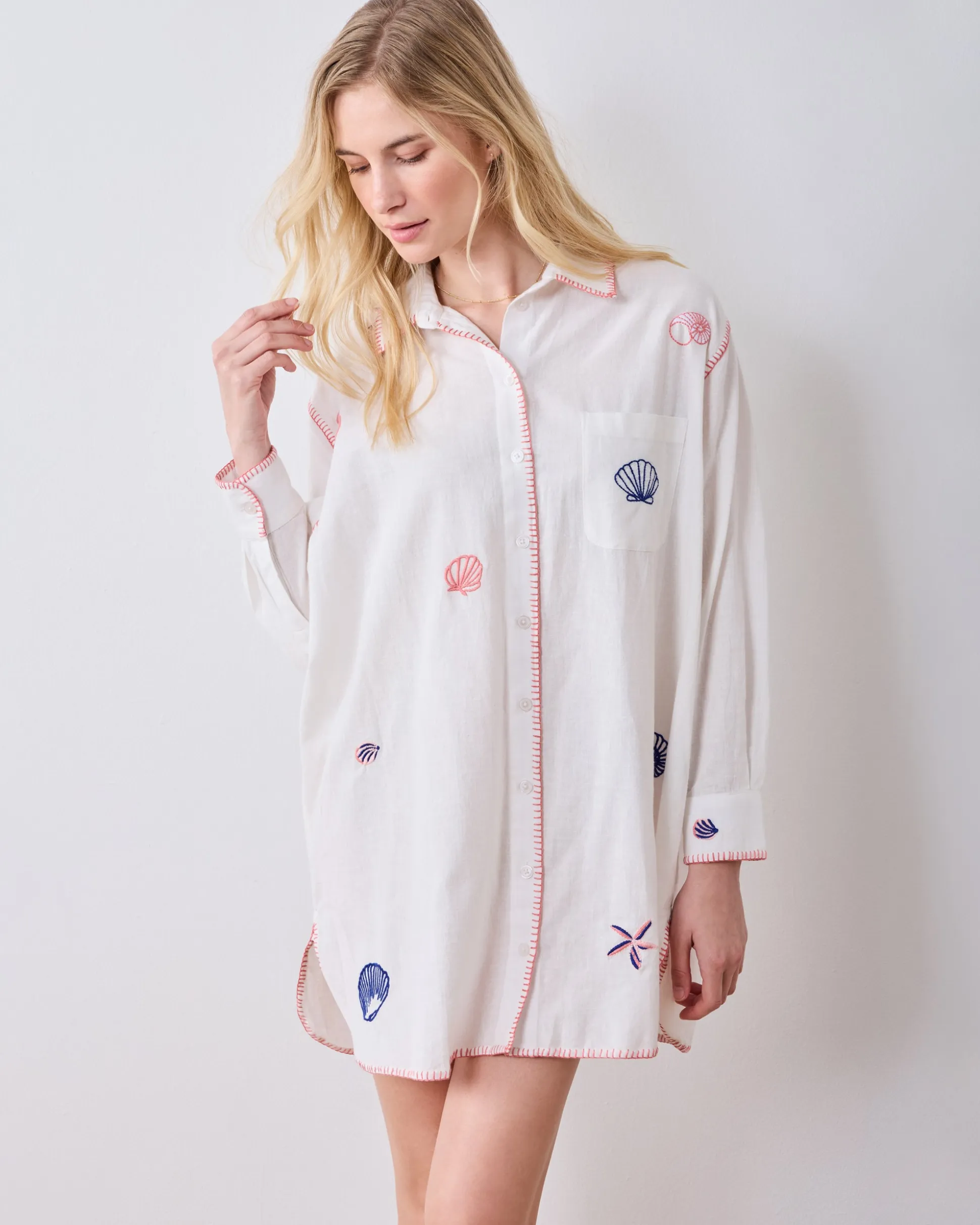Linen Everyday Button Down in Embroidered Shells