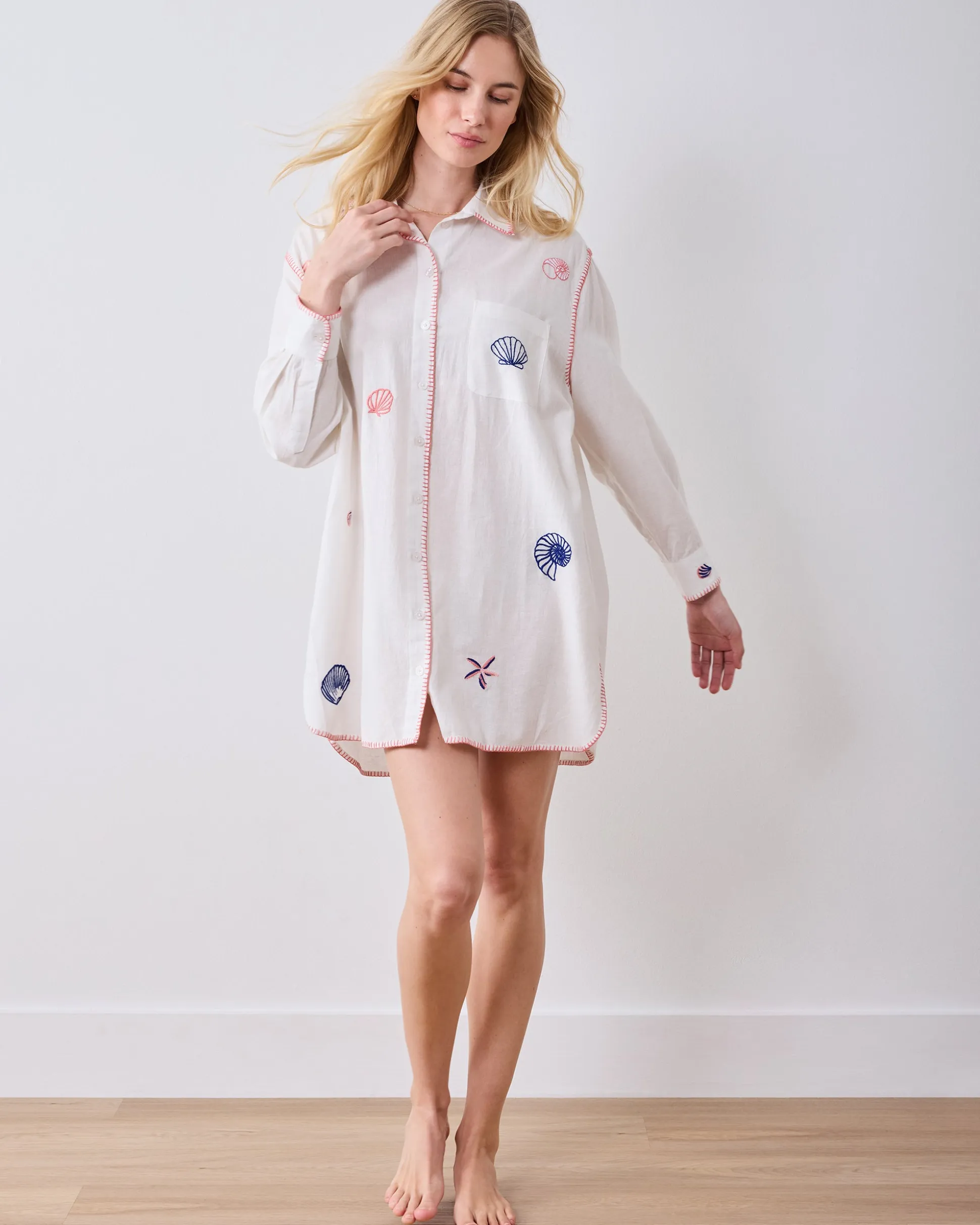 Linen Everyday Button Down in Embroidered Shells