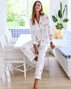 Long PJ Set in Embroidered Shells