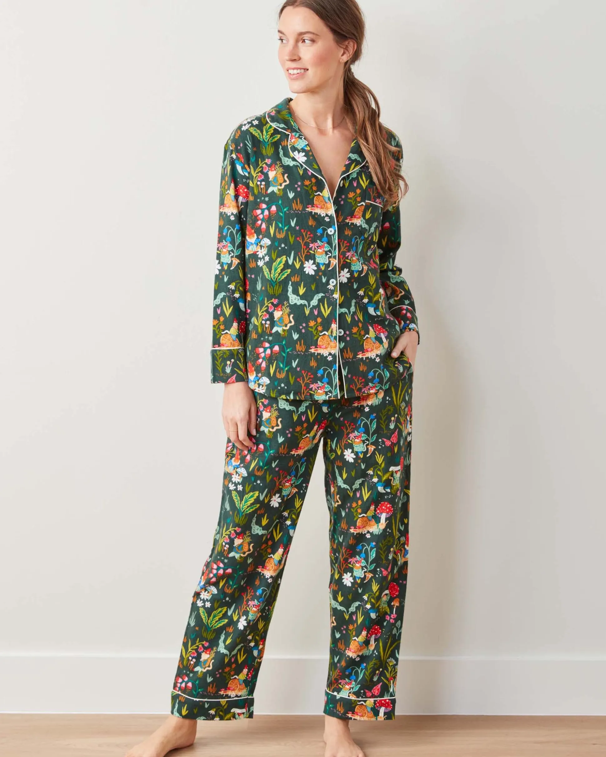 Midweight Flannel Long PJ Set in Gnome Garden