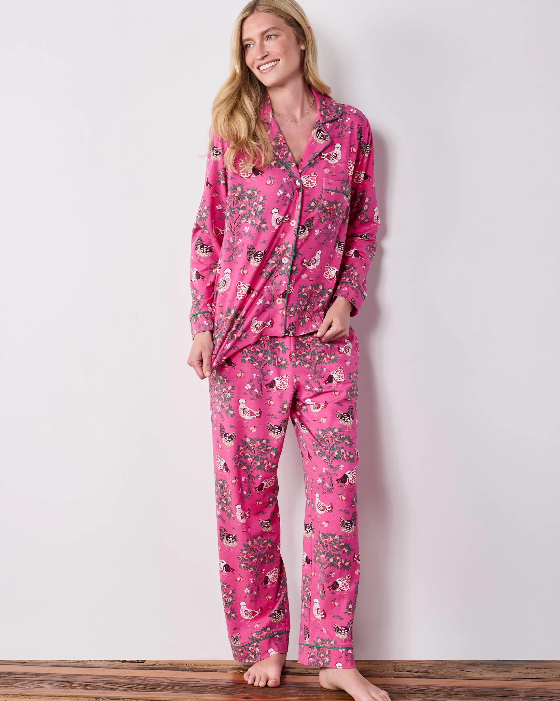 Organic Cotton Modal Knit Long PJ Set in Hen House