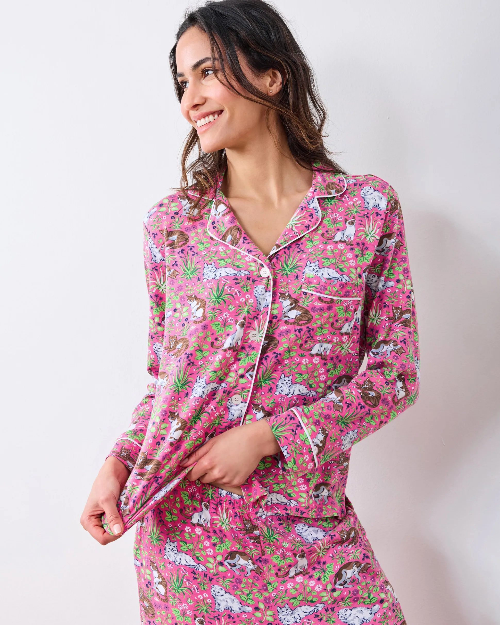 Organic Pima Modal Knit Long PJ Set in Must Love Cats