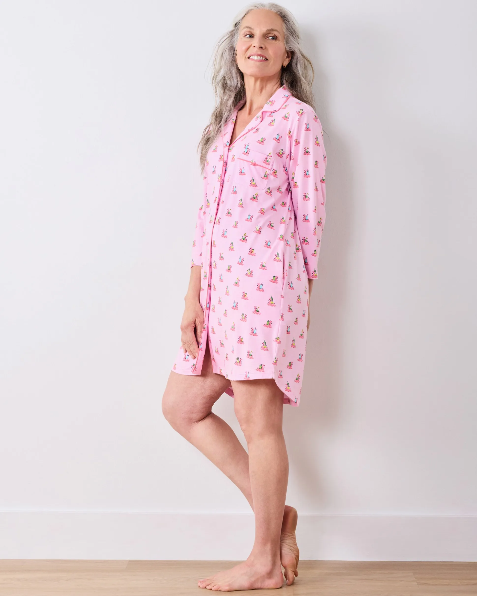 Organic Pima Modal Knit Sleep Shirt in Flamingo Floaties